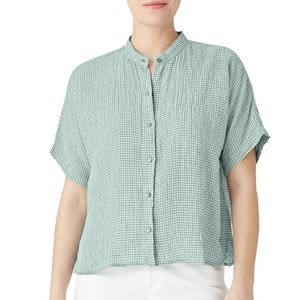 EILEEN FISHER Organic Linen Mandarin Short Sleeve Stripe Button Down Shirt